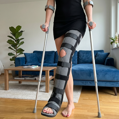 Woman walking with crutches wearing the LLC Brace full leg immobilizer - long leg cast experience by Castlife